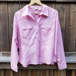 L.L. Bean Pink Semi-Sheer Button Down Cotton Shirt White Stiching Large